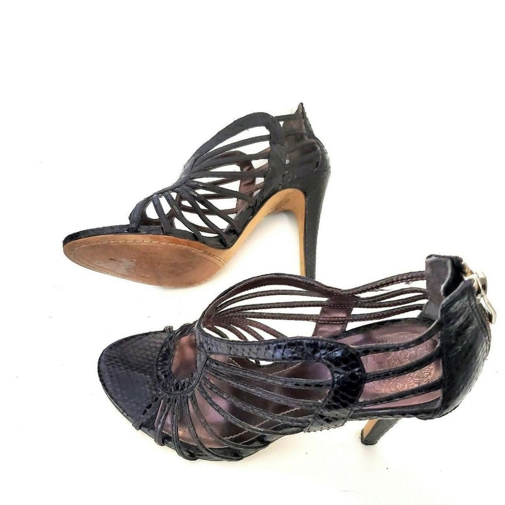 Vince Camuto Solana Women Cage Heels 8 Black Leather Strappy Stiletto Sexy Snake - Picture 5 of 12